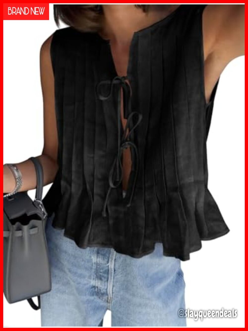 Womens Bow Front Tie Tank Top Pleated Babydoll Sleeveless Shirt